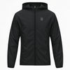 A black hooded zip-up ideal apparel jacket with a small gray logo on the left chest, displayed on a clean white background.