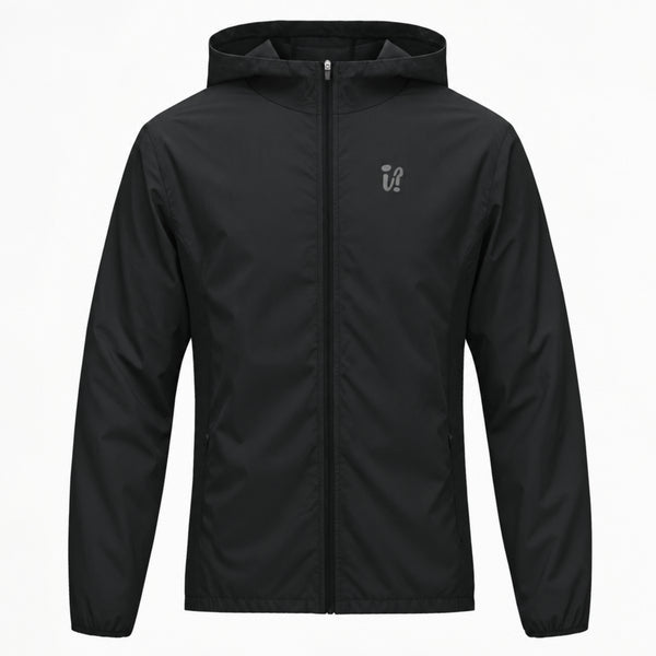 A black hooded zip-up ideal apparel jacket with a small gray logo on the left chest, displayed on a clean white background.