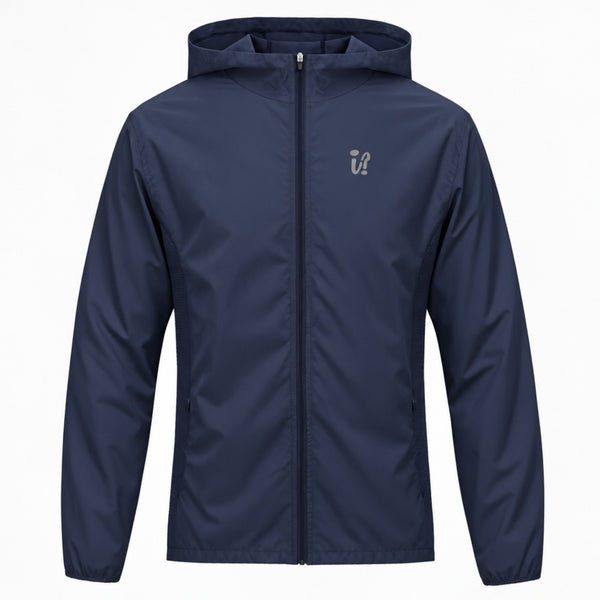 A navy blue hooded ideal apparel windbreaker jacket with a full front zipper and a small light gray stylized logo on the left chest, displayed on a clean white background.